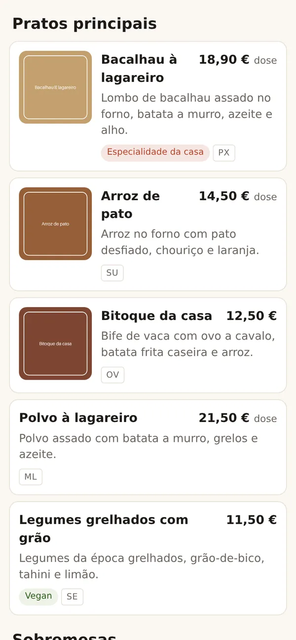 Pratos principais com fotografia, descrição, preço por dose e alergénios.