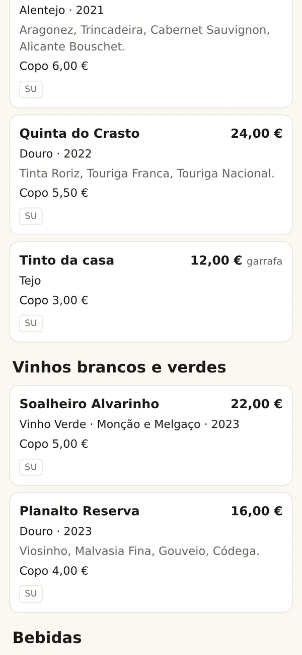 Carta de vinhos com região, ano, castas, preço da garrafa e a copo.